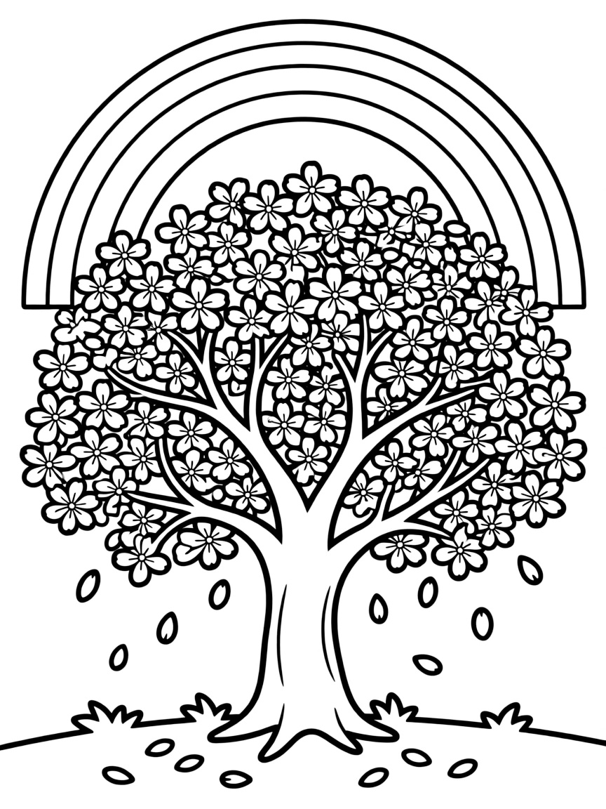 A cherry blossom tree with falling petals under a rainbow