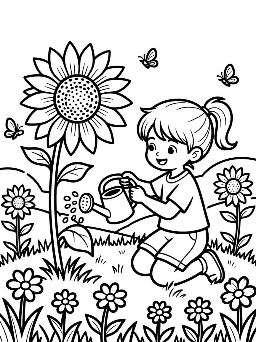 A child watering a sunblossom in the meadow
