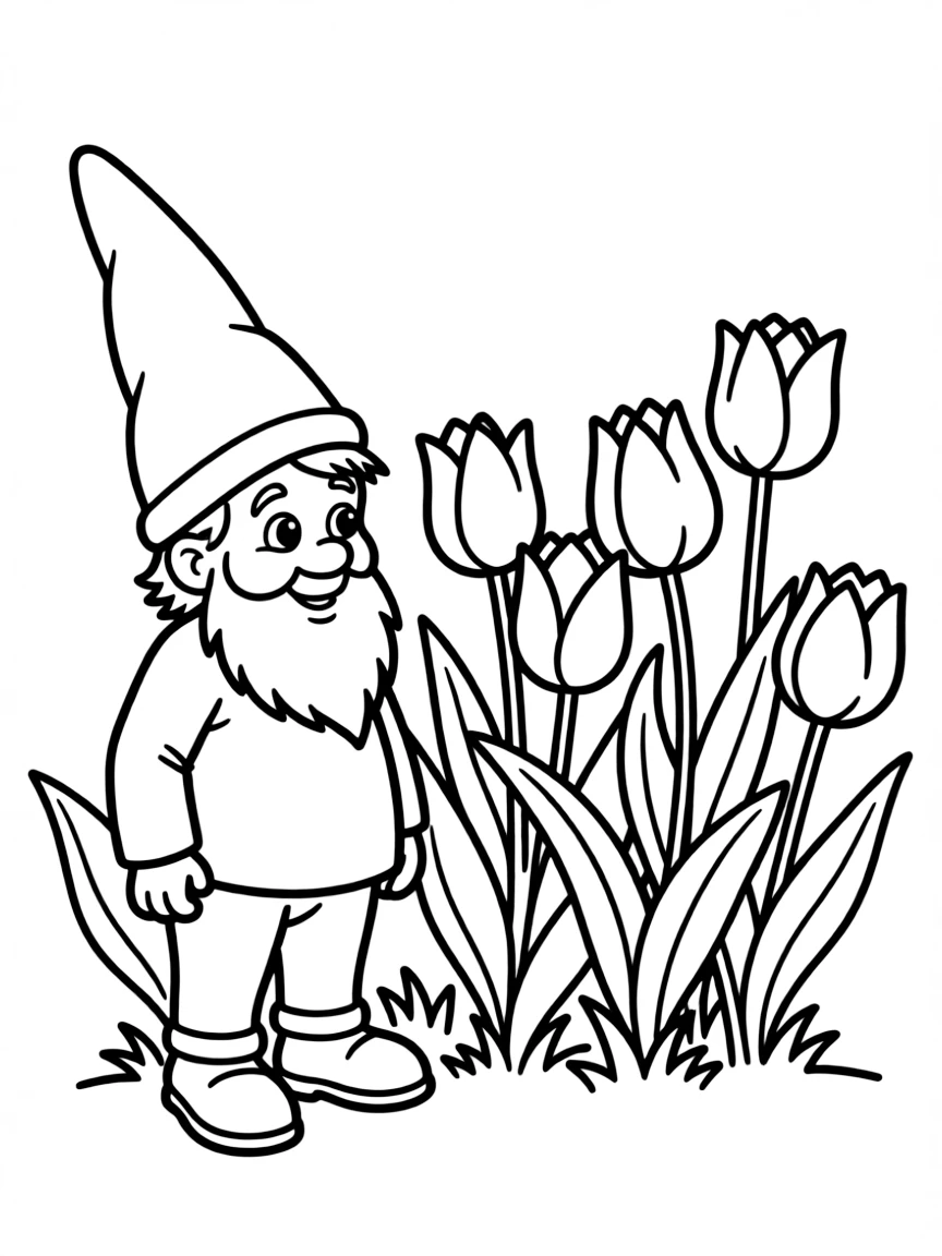 A meadow gnome standing beside a tulip patch