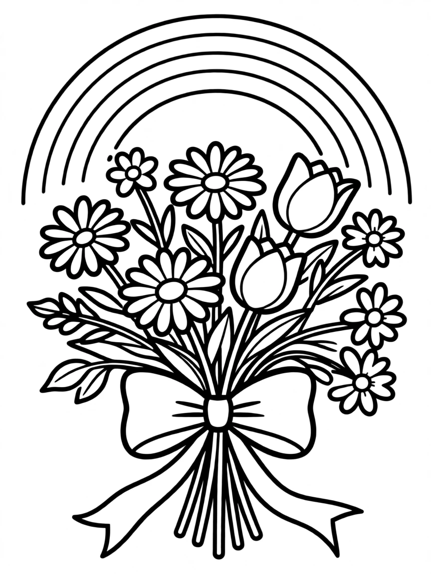 A bunch of wildblossoms tied with a bow under a rainbow