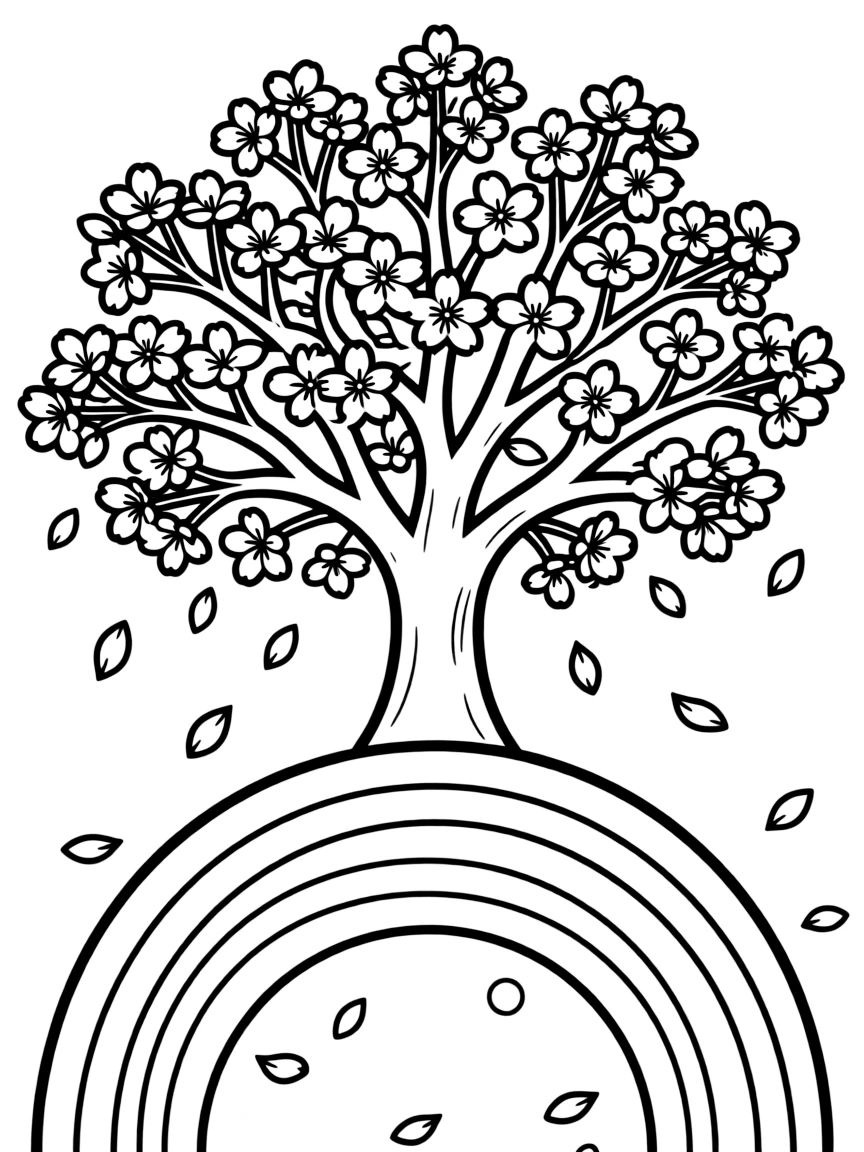 A cherry blossom tree with falling petals under a rainbow under a rainbow under a rainbow
