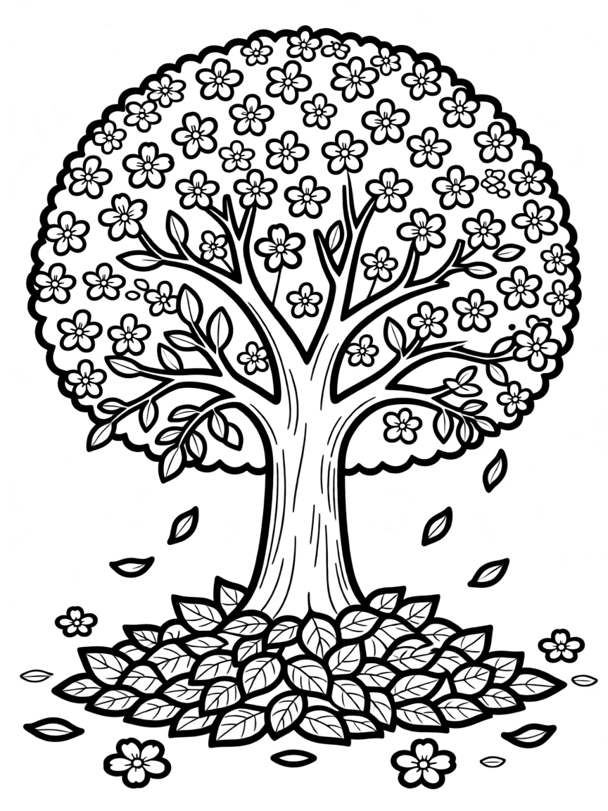 A leaf pile under a tree with blossoms nearby