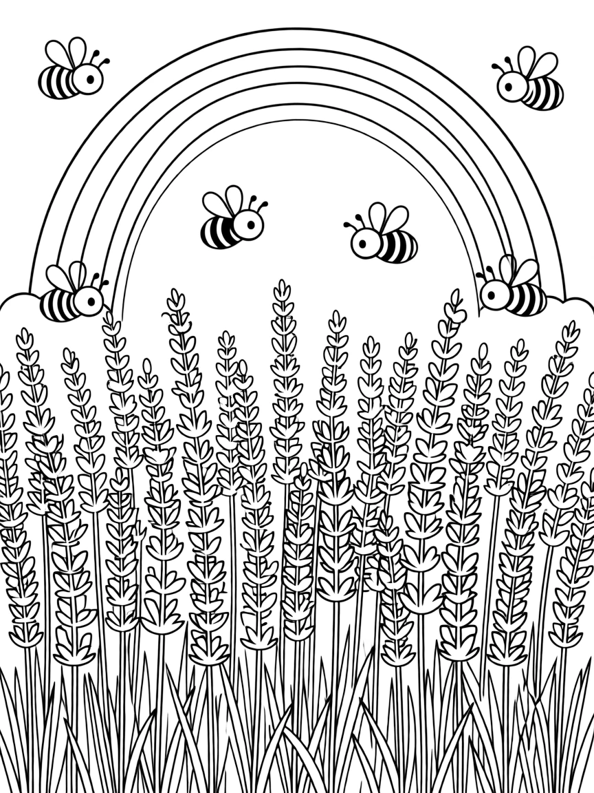 A field of lavender with bees flying above under a rainbow