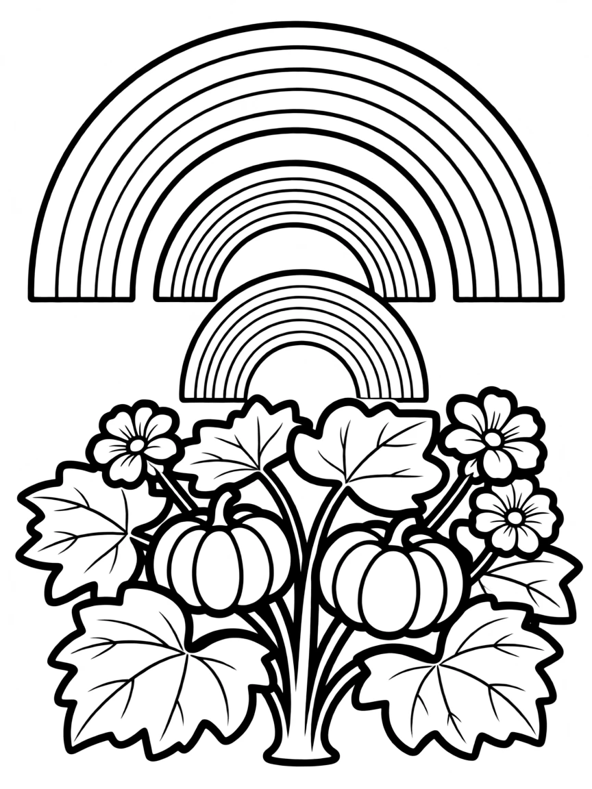 A pumpkin shrub with big leaves and blossoms under a rainbow under a rainbow under a rainbow