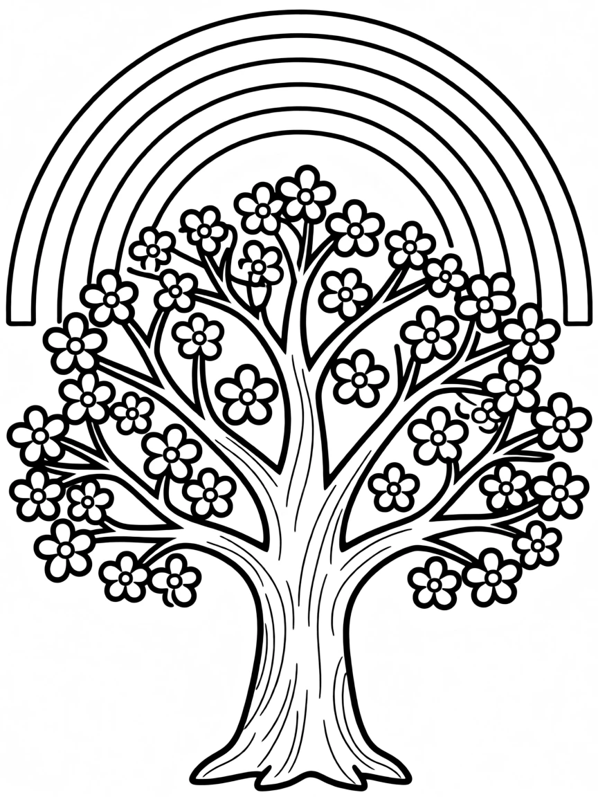 A tree with blossoms blooming on every branch under a rainbow