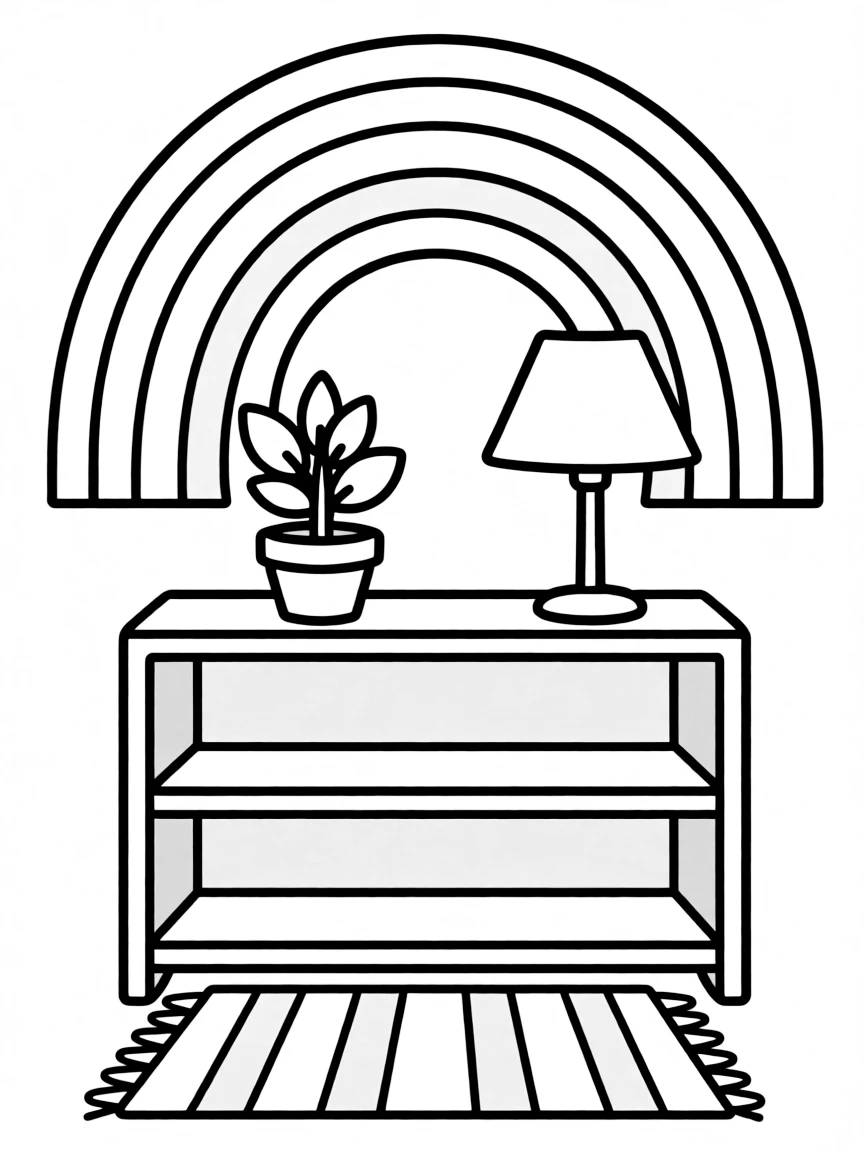A shrub on a bookshelf next to a lamp under a rainbow