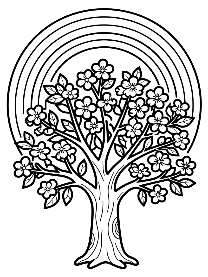 A tree with blossoms blooming on every branch under a rainbow