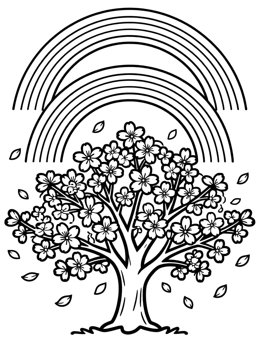 A cherry blossom tree with falling petals under a rainbow under a rainbow under a rainbow