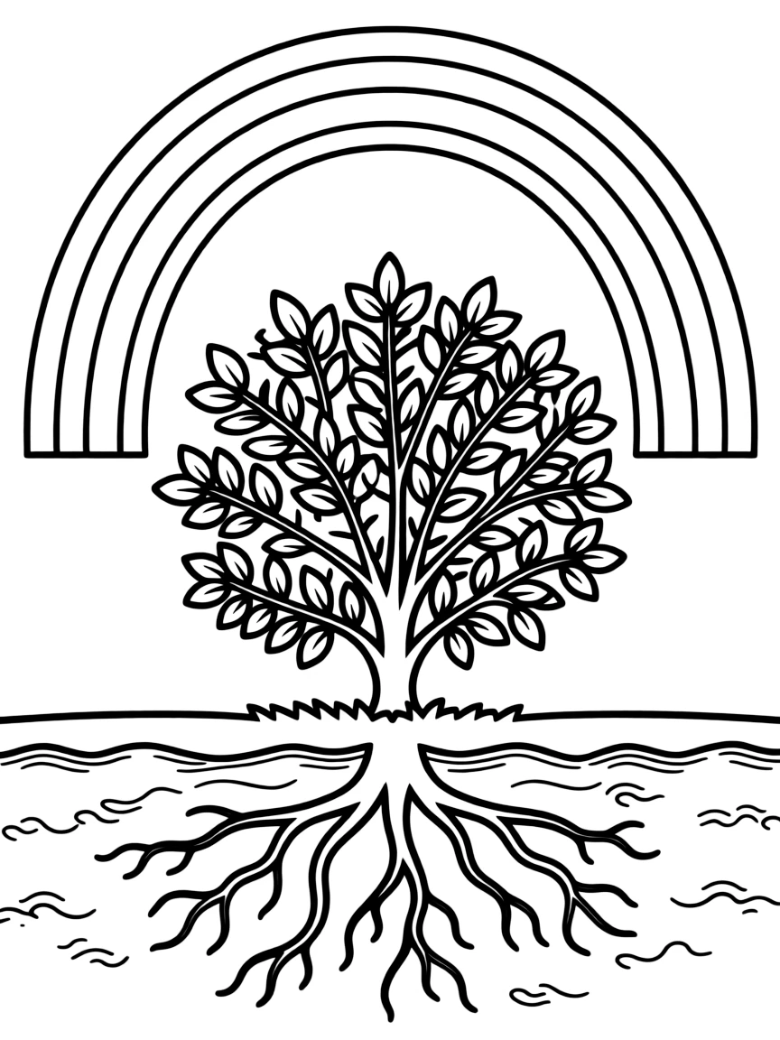 A shrub with roots visible underground under a rainbow
