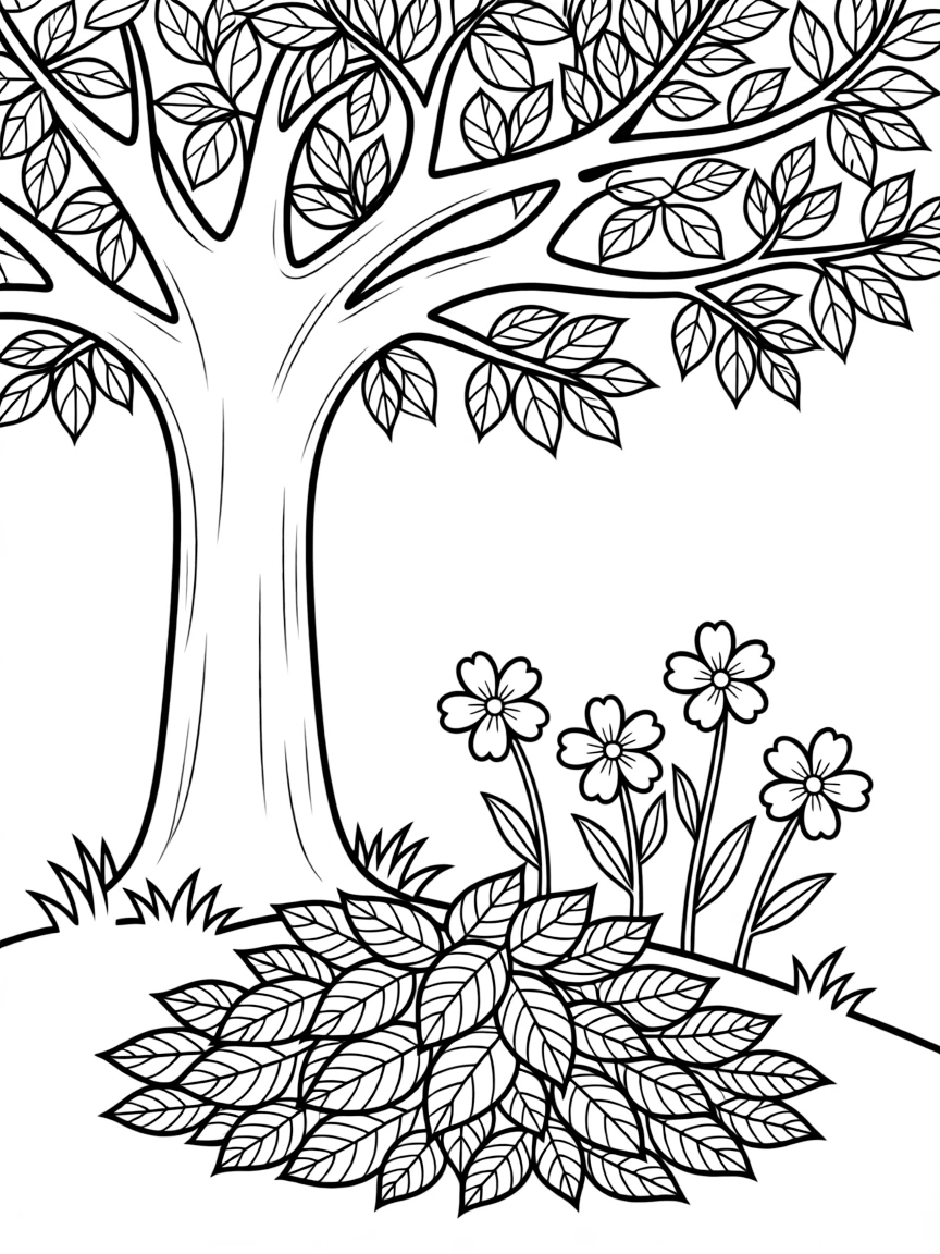 A leaf pile under a tree with blossoms nearby