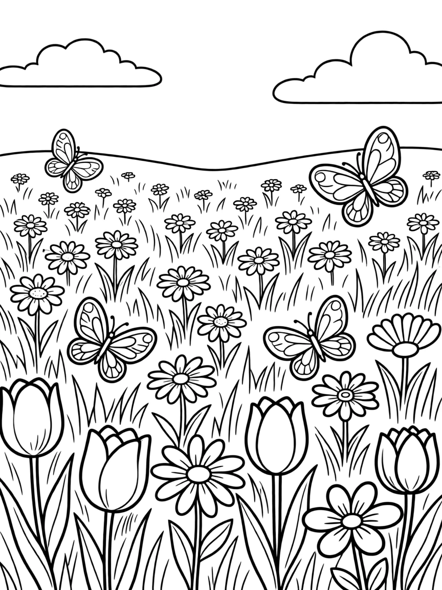 A meadow scene with butterflies flying over blossoms