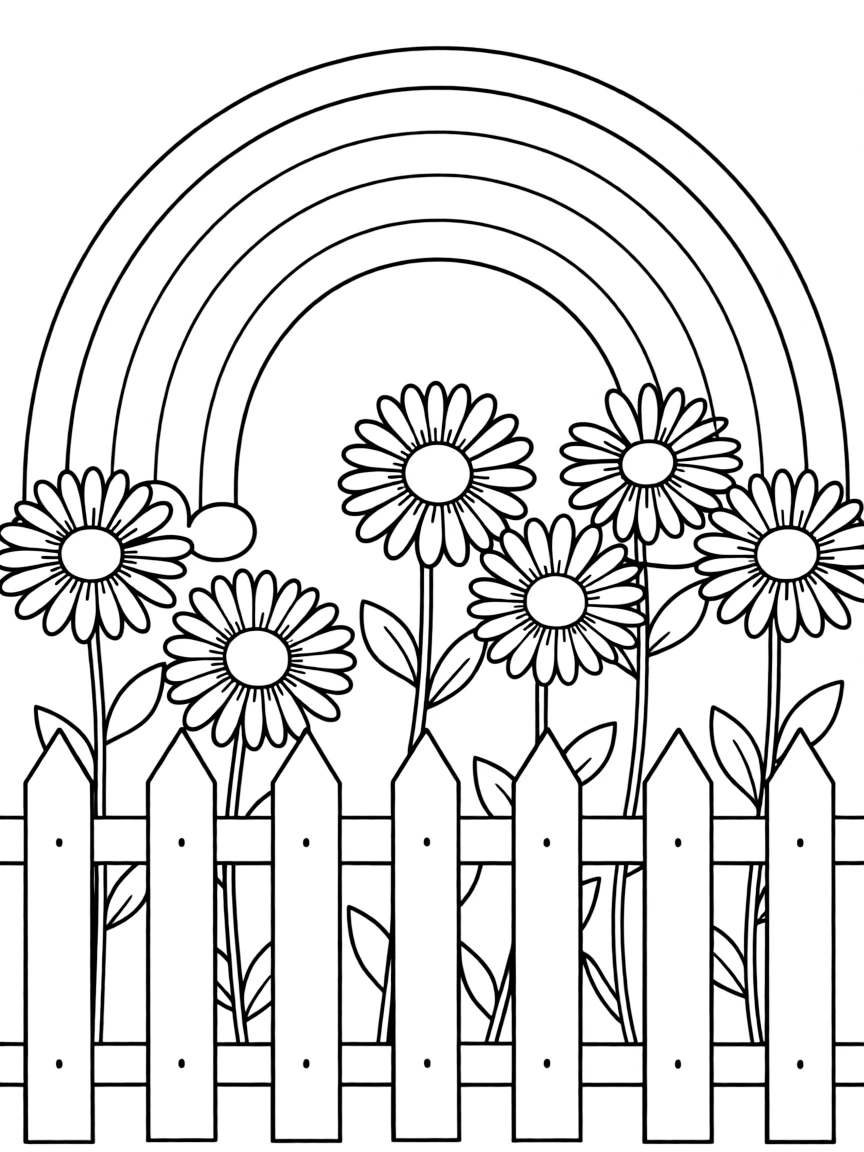 A row of daisies growing along a white picket fence under a rainbow