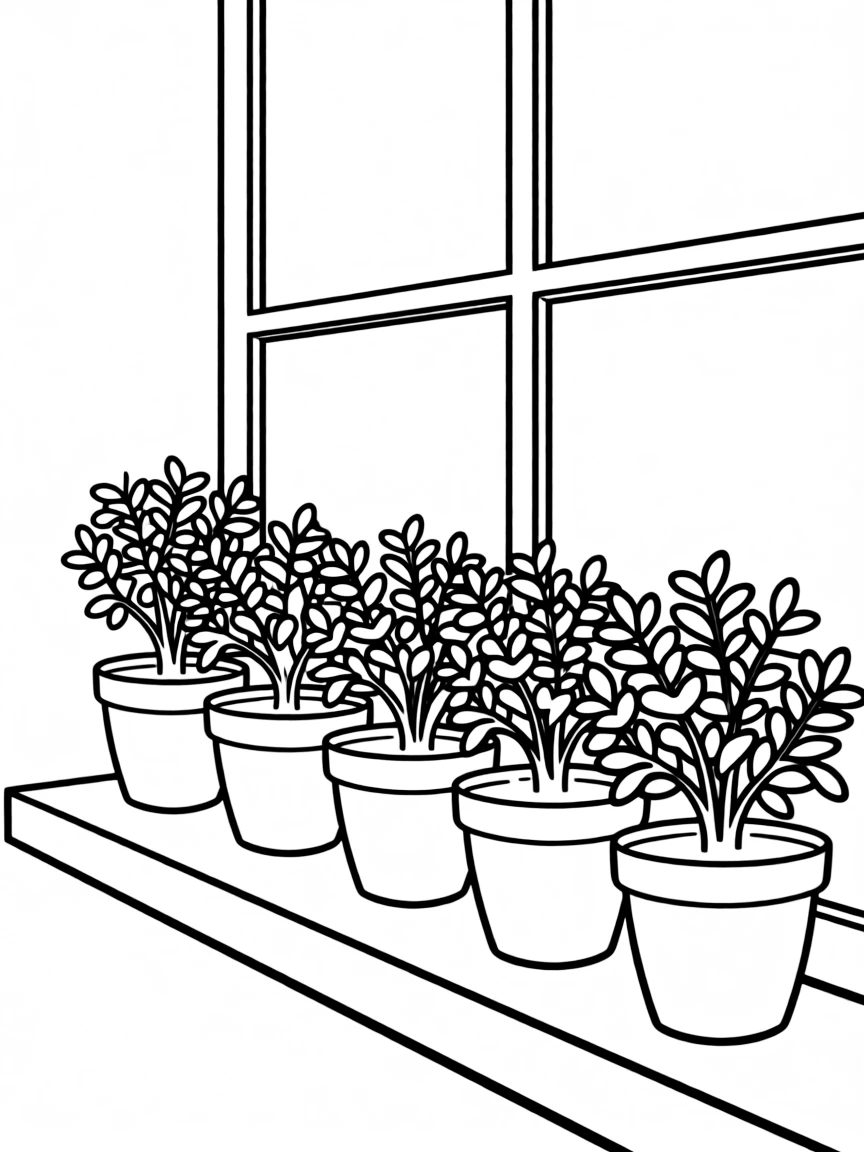 A row of potted houseshrubs on a windowsill