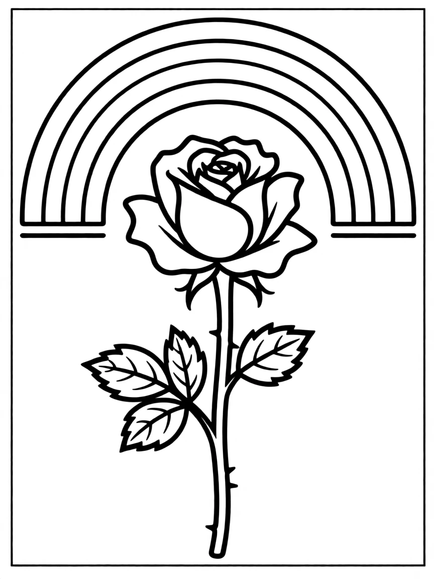 A close-up of a rose and its stem under a rainbow