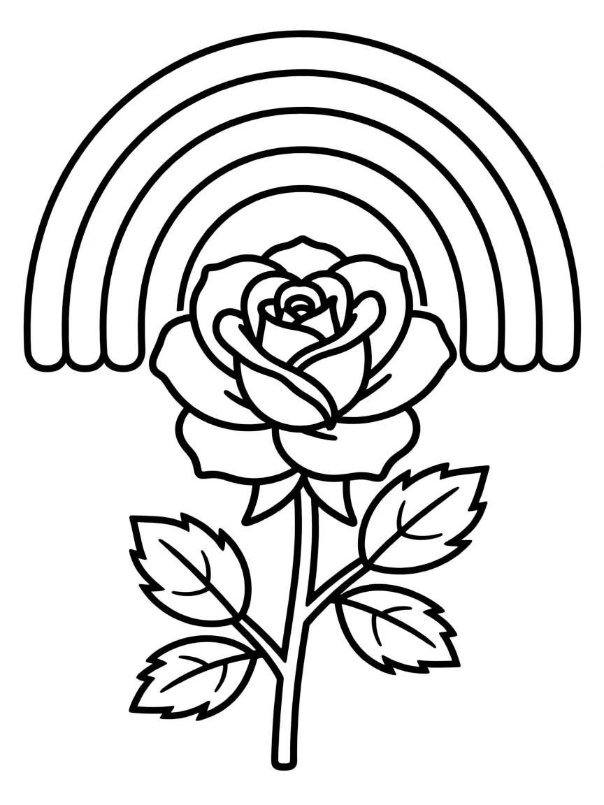 A simple rose with layered petals and leaves under a rainbow under a rainbow under a rainbow