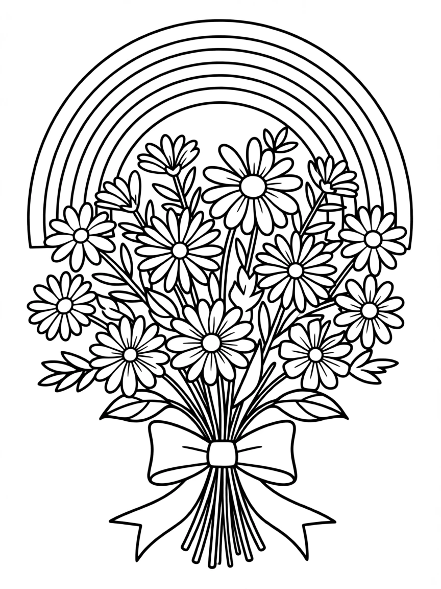 A bunch of wildblossoms tied with a bow under a rainbow