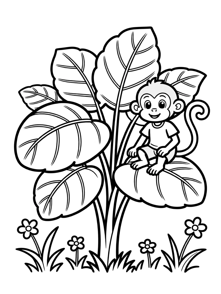 A jungle shrub with giant leaves and a monkey