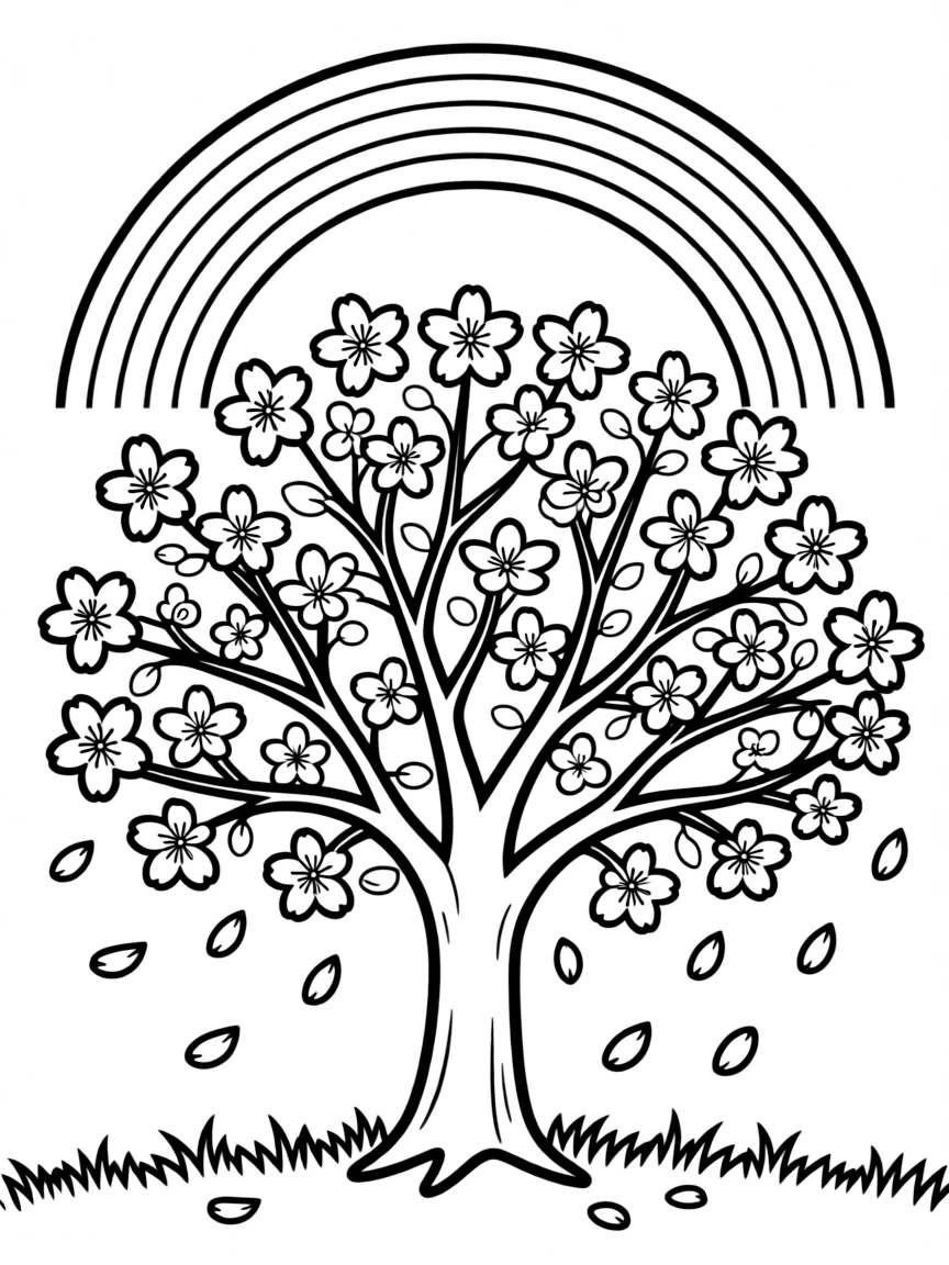 A cherry blossom tree with falling petals under a rainbow under a rainbow