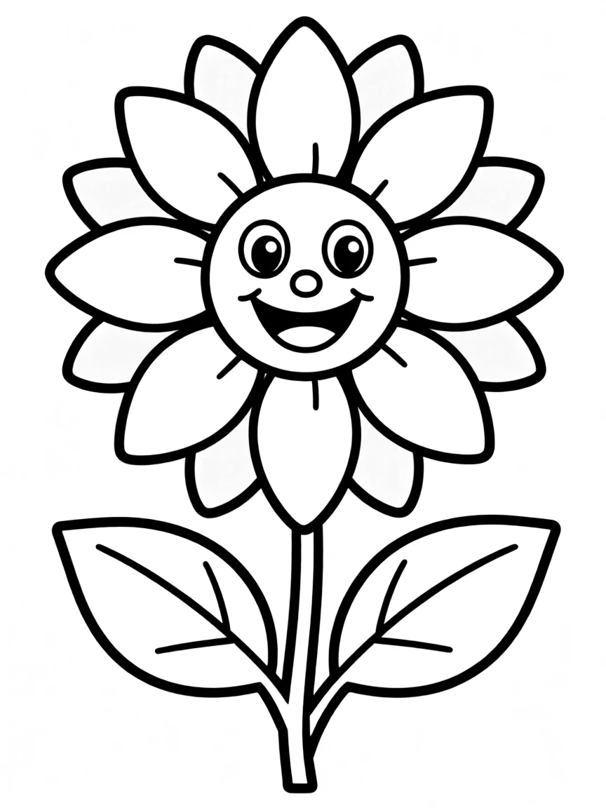 A single sunblossom with large petals and a smiling face in the center