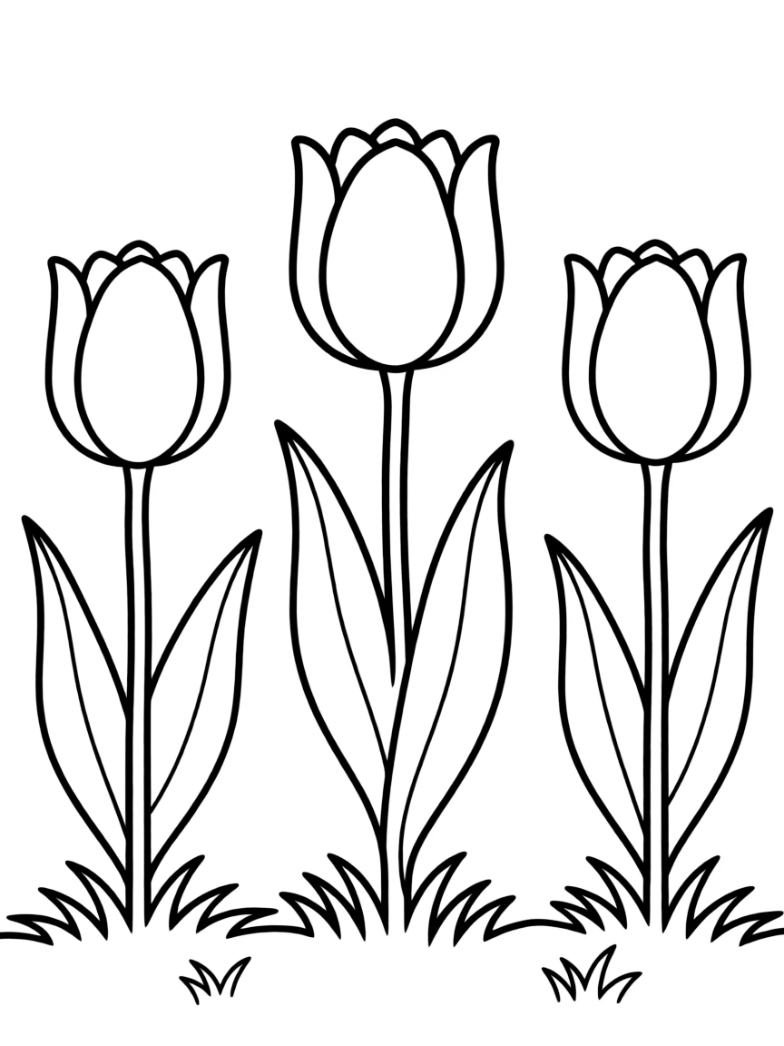 A meadow with three tulips in different colors, each with big leaves
