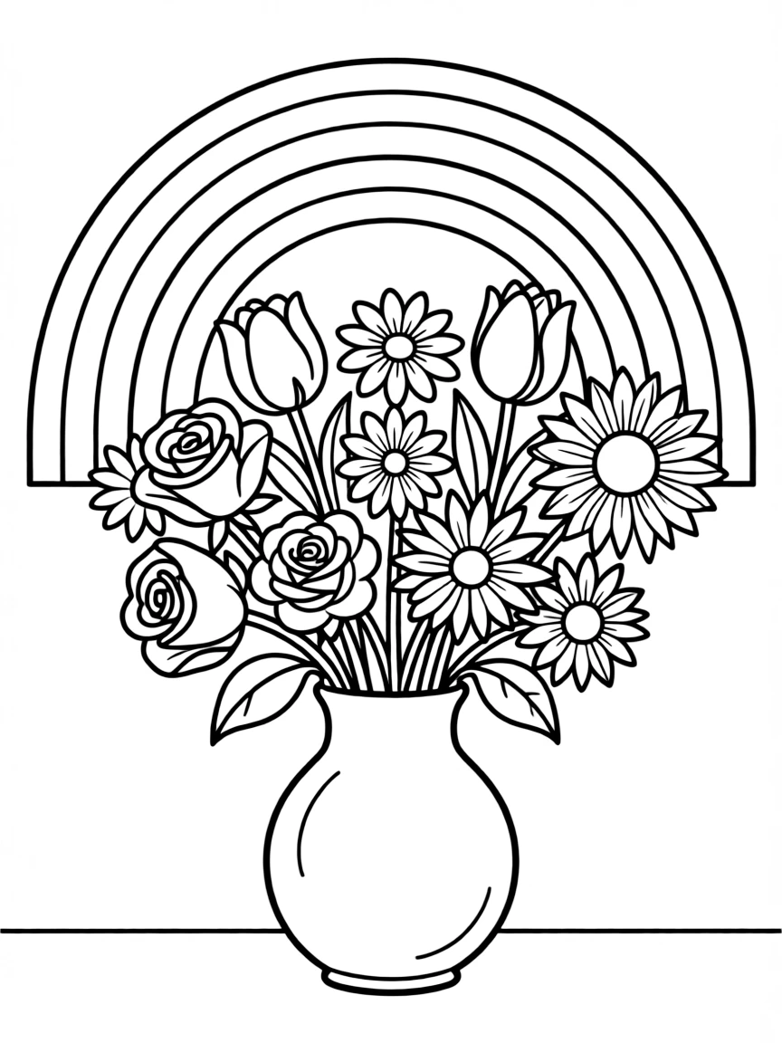 A bouquet in a vase with various blossoms under a rainbow under a rainbow