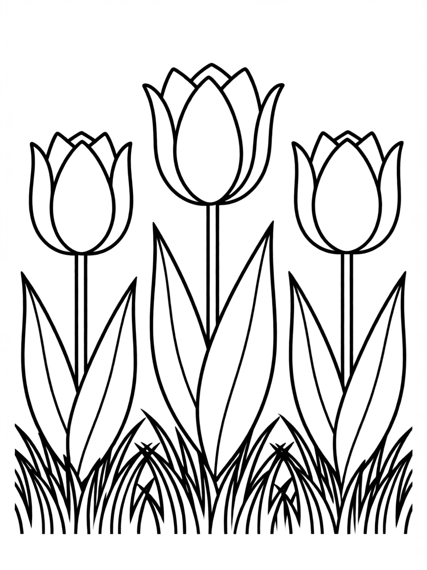 A meadow with three tulips in different colors, each with big leaves