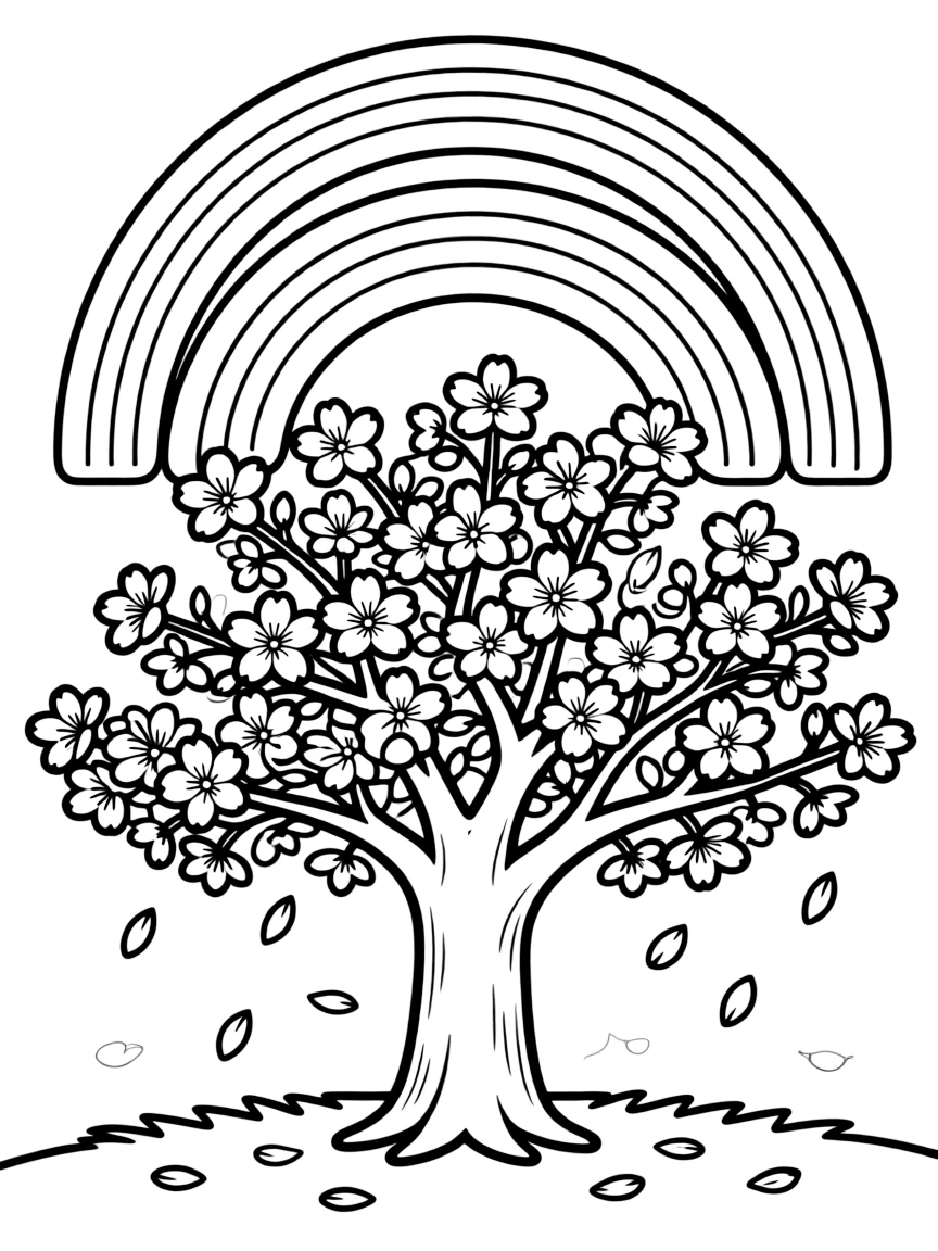 A cherry blossom tree with falling petals under a rainbow under a rainbow under a rainbow