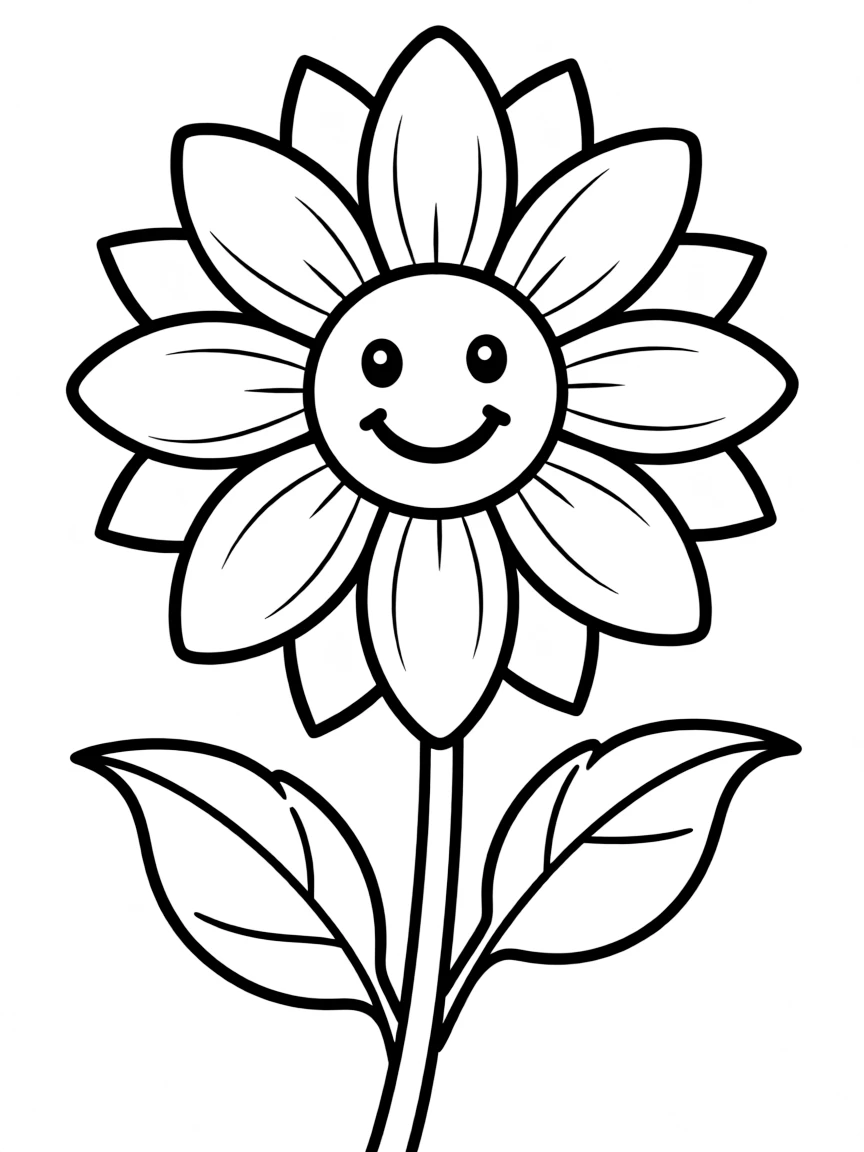 A single sunblossom with large petals and a smiling face in the center