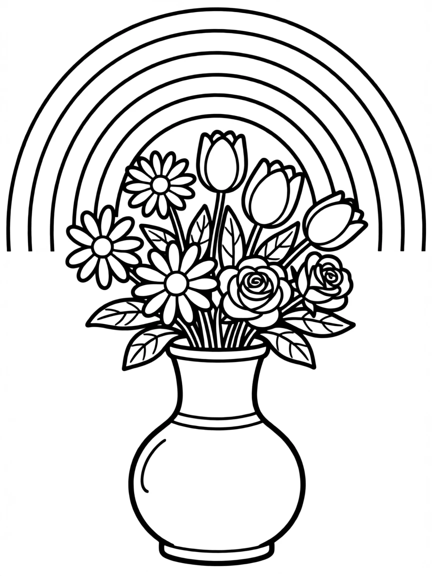 A bouquet in a vase with various blossoms under a rainbow under a rainbow