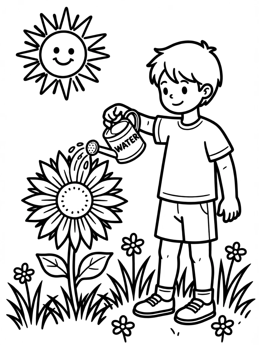 A child watering a sunblossom in the meadow