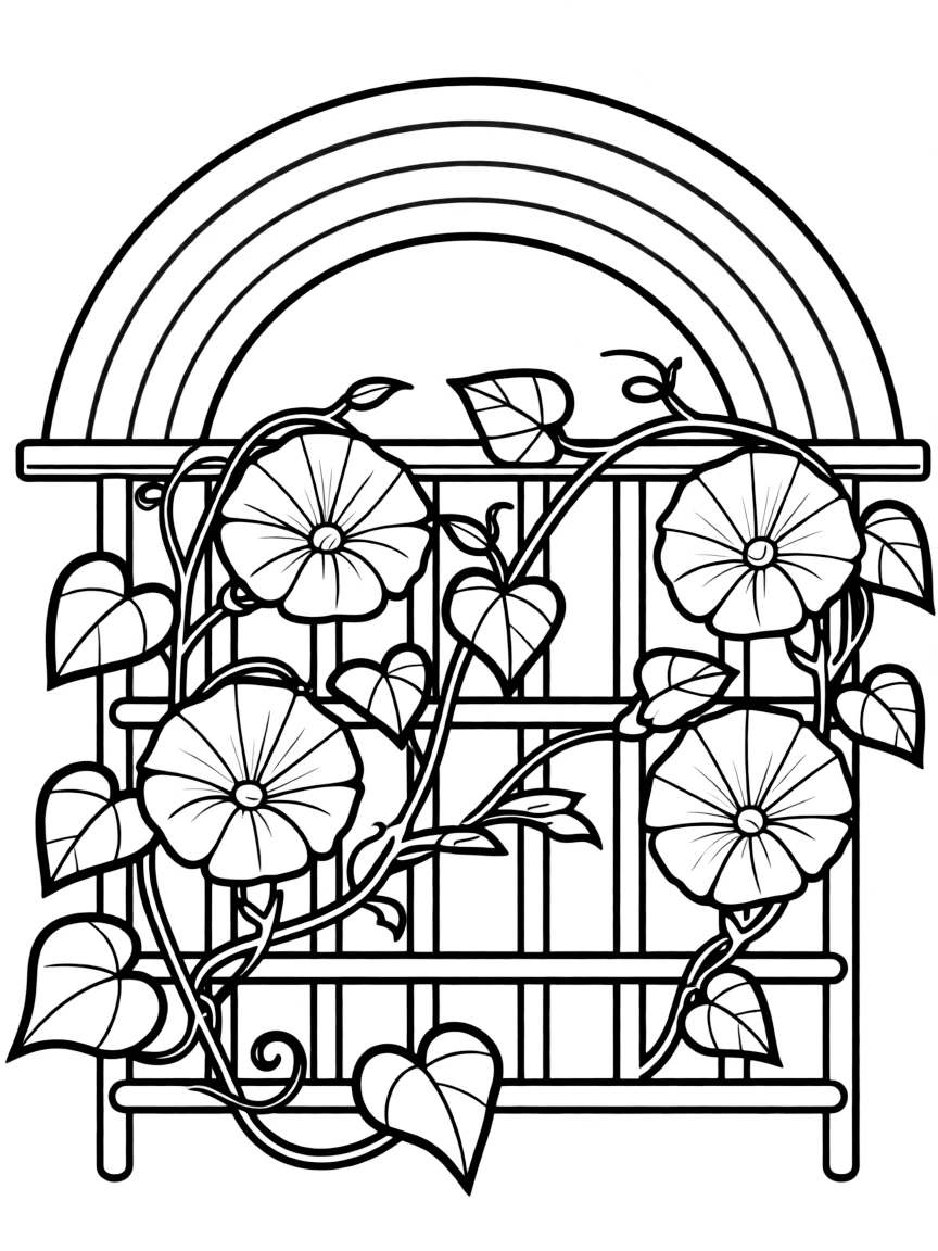 A vine of morning glories climbing a trellis under a rainbow