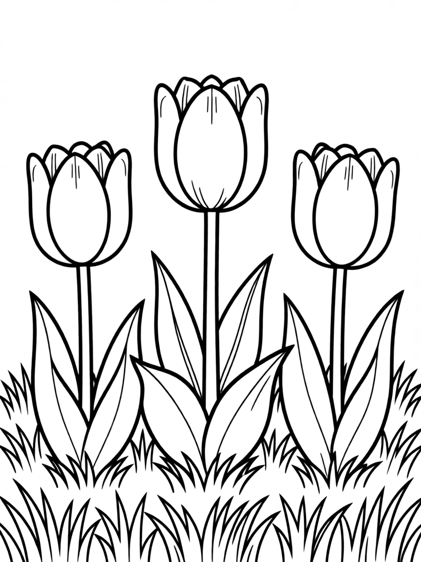 A meadow with three tulips in different colors, each with big leaves