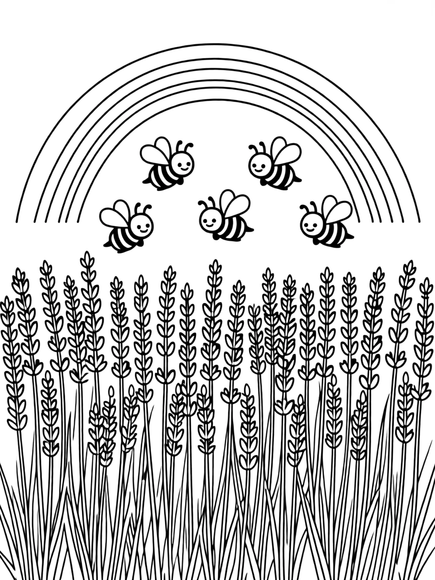 A field of lavender with bees flying above under a rainbow