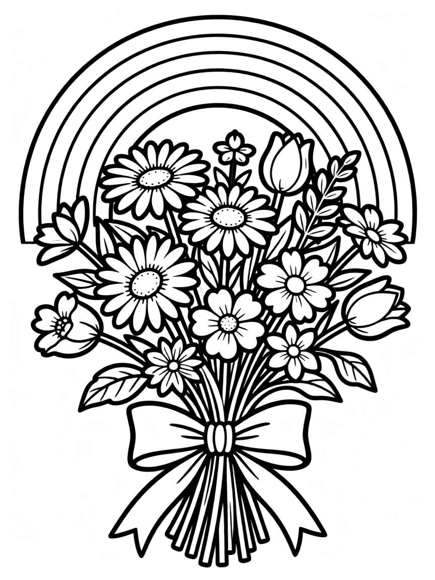 A bunch of wildblossoms tied with a bow under a rainbow