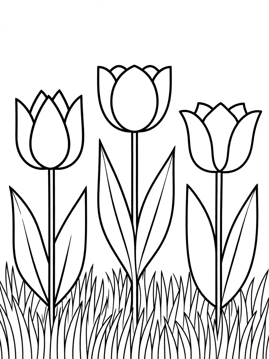 A meadow with three tulips in different colors, each with big leaves