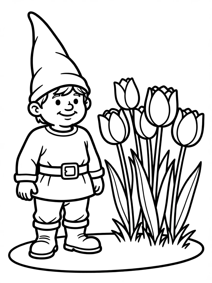 A meadow gnome standing beside a tulip patch