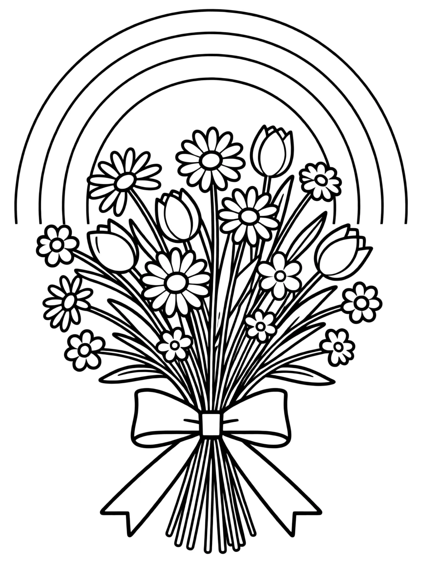 A bunch of wildblossoms tied with a bow under a rainbow