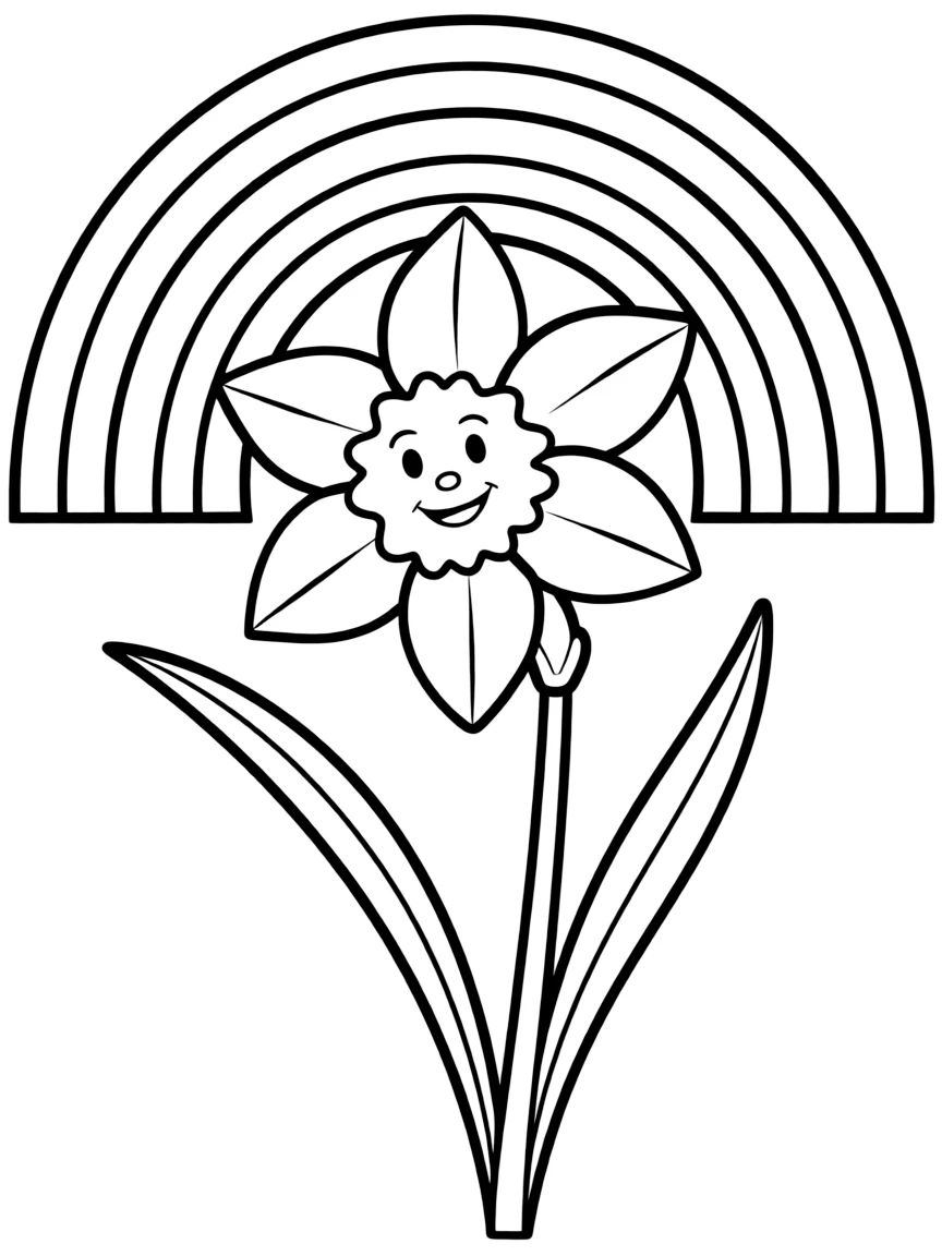 A smiling daffodil waving in the breeze under a rainbow