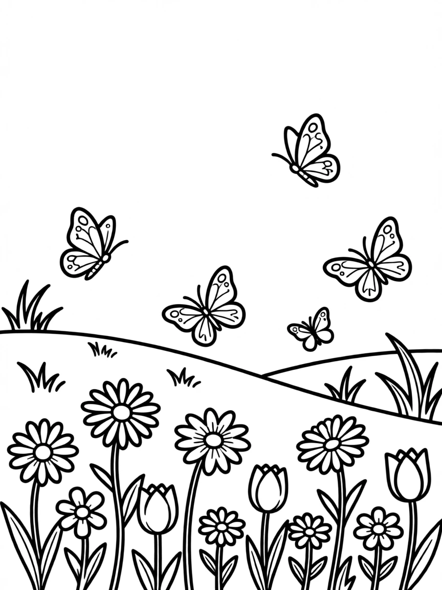 A meadow scene with butterflies flying over blossoms