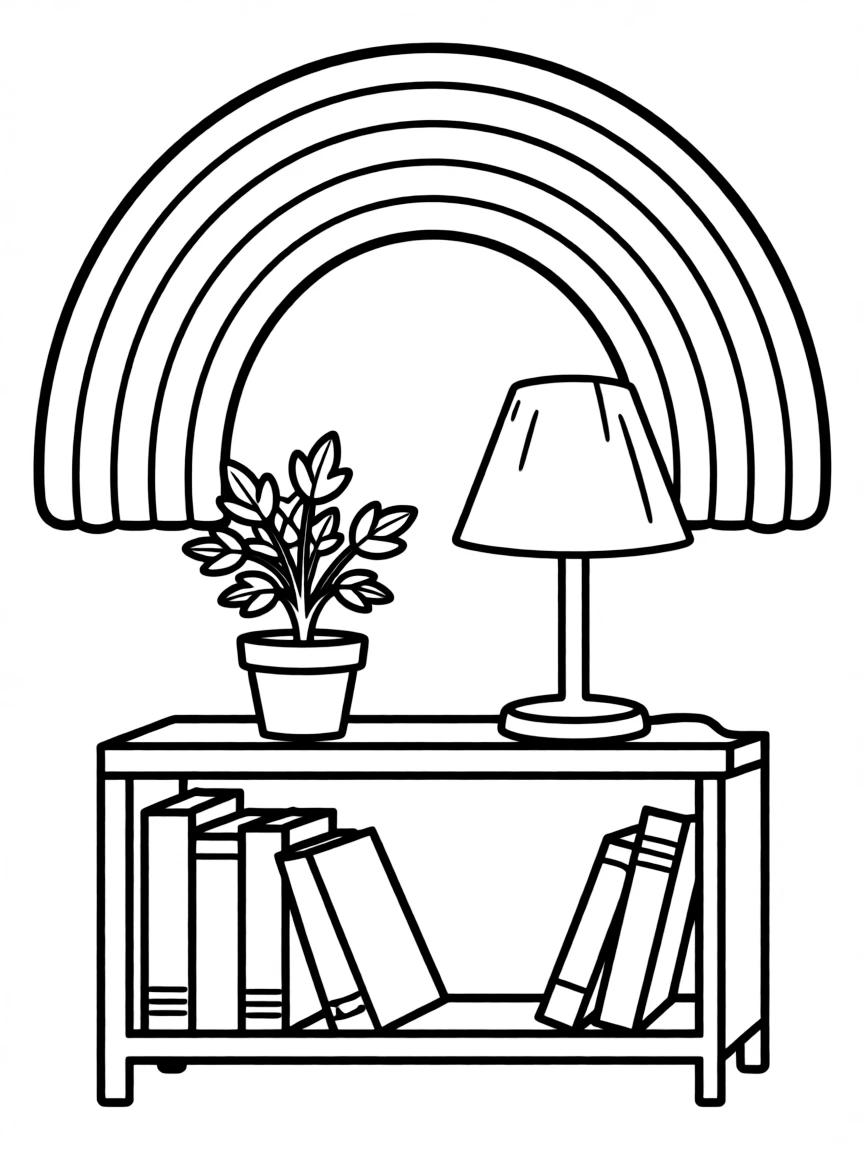 A shrub on a bookshelf next to a lamp under a rainbow