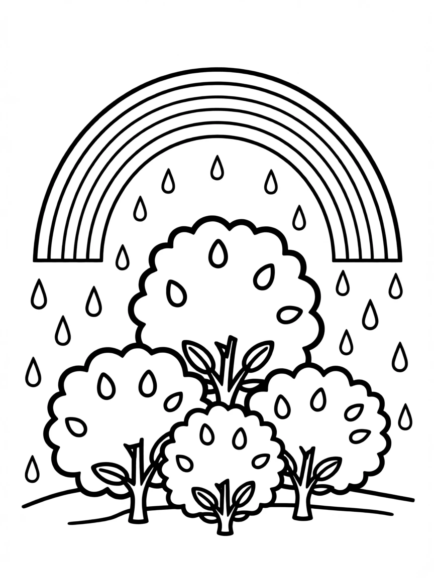 A scene of rain falling on a group of shrubs under a rainbow under a rainbow