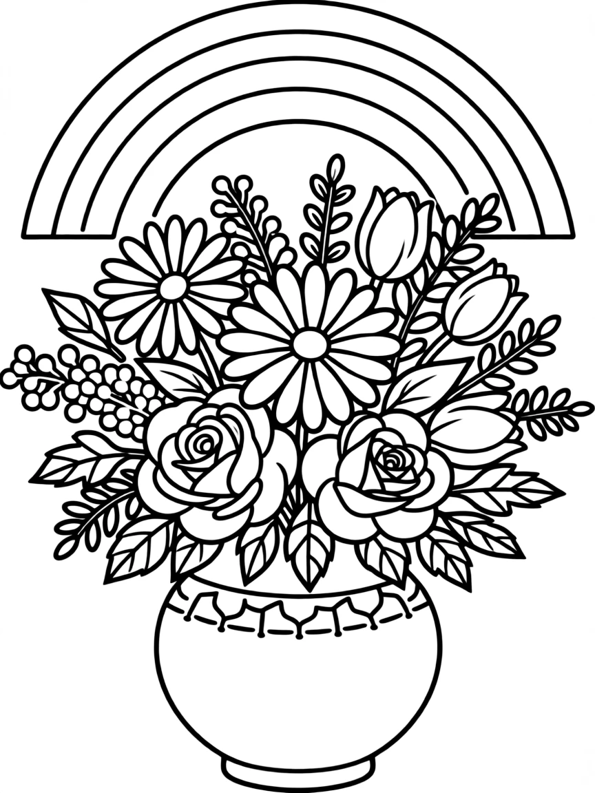 A bouquet in a vase with various blossoms under a rainbow