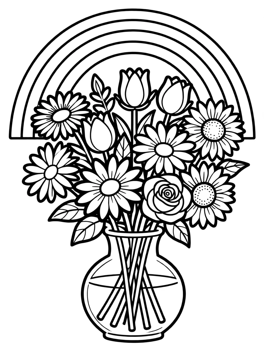 A bouquet in a vase with various blossoms under a rainbow