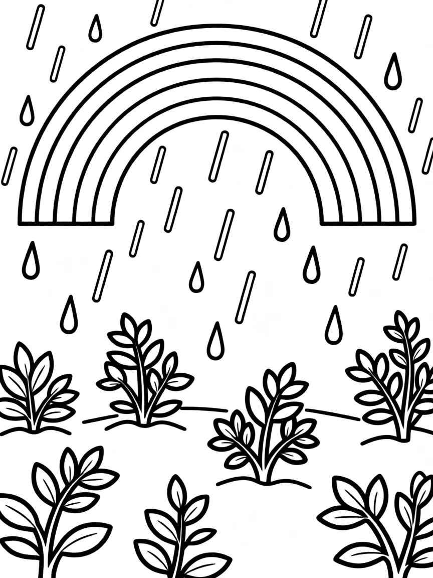 A scene of rain falling on a group of shrubs under a rainbow under a rainbow