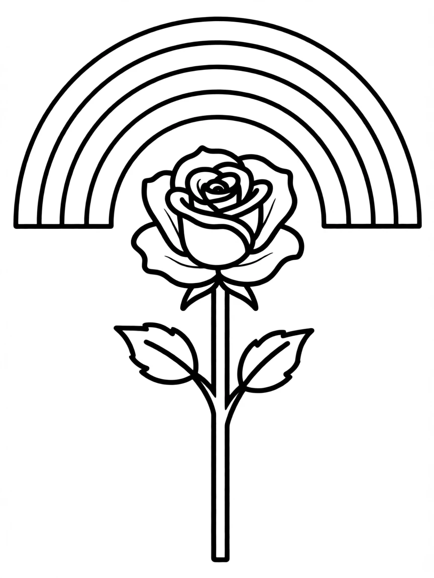 A close-up of a rose and its stem under a rainbow