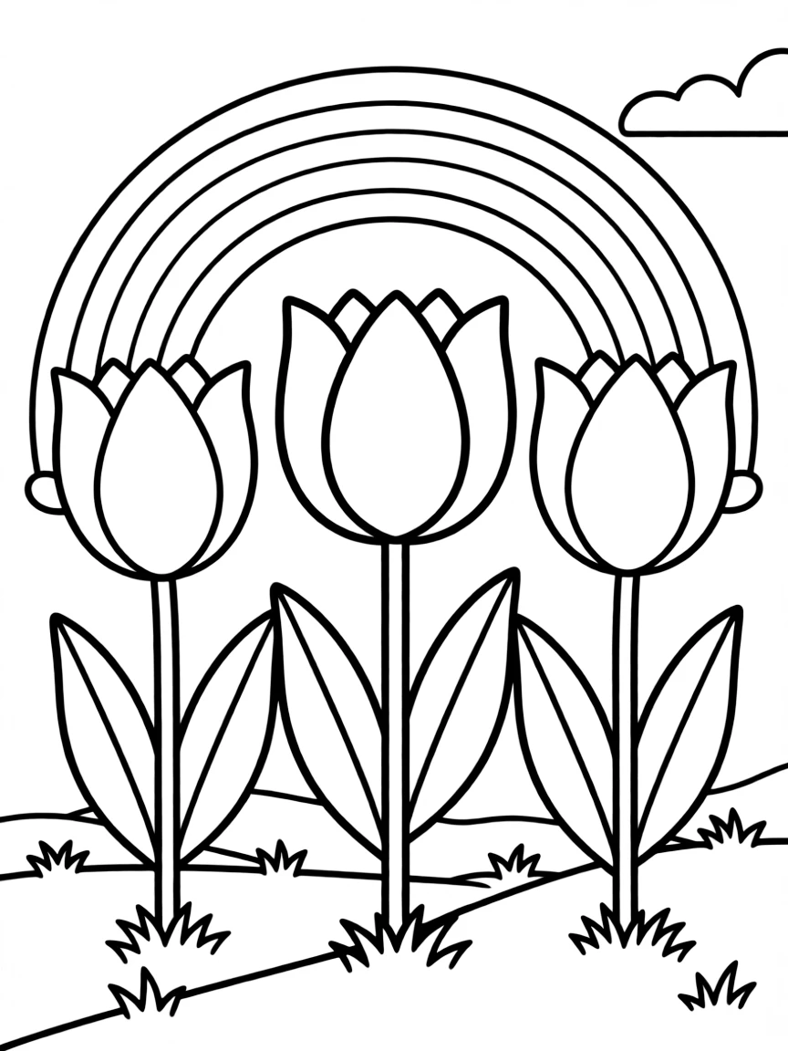 A meadow with three tulips in different colors, each with big leaves under a rainbow