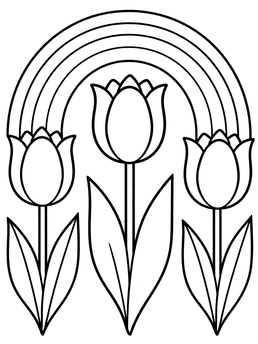 A meadow with three tulips in different colors, each with big leaves under a rainbow