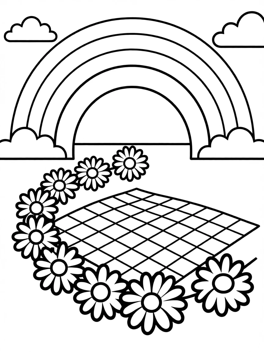 A daisy chain stretched across a picnic blanket under a rainbow