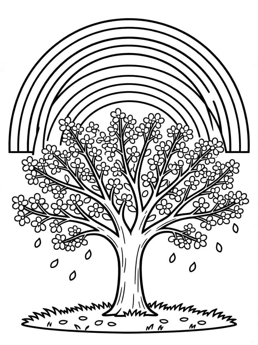 A cherry blossom tree with falling petals under a rainbow under a rainbow under a rainbow