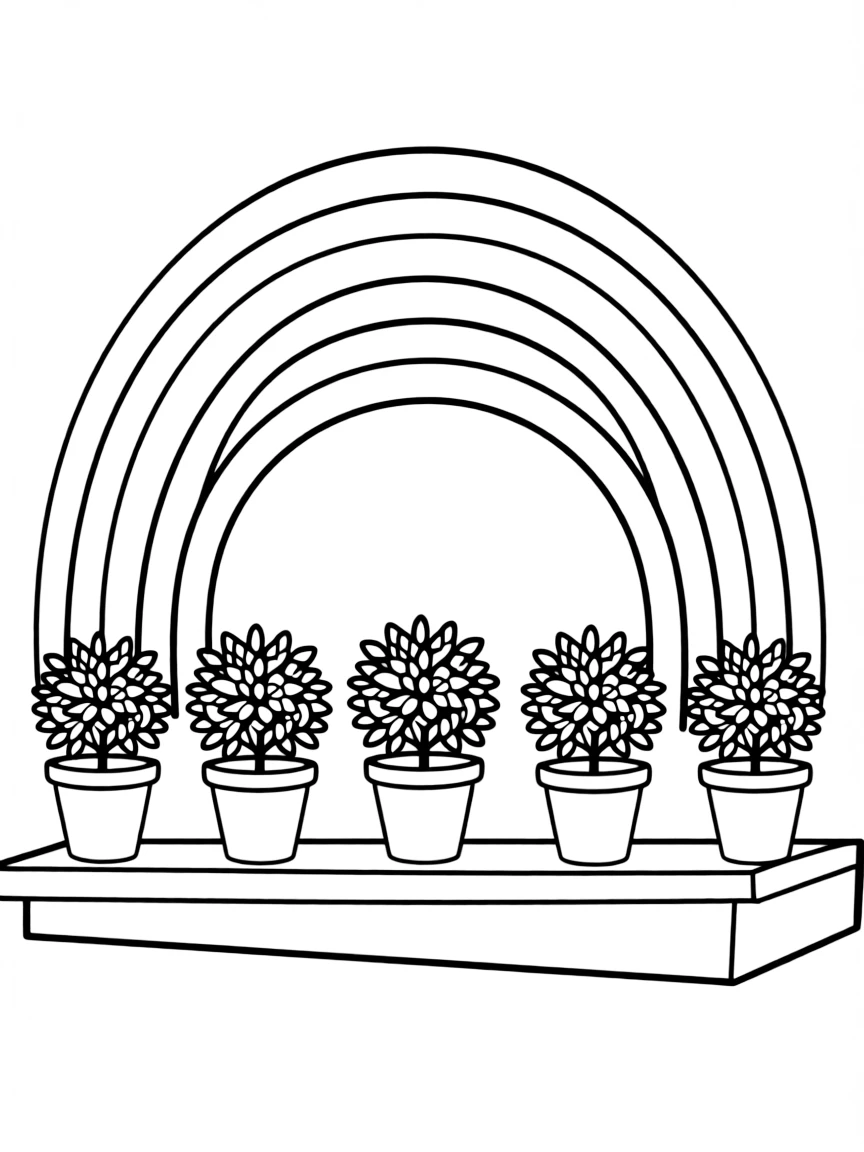 A row of potted houseshrubs on a windowsill under a rainbow